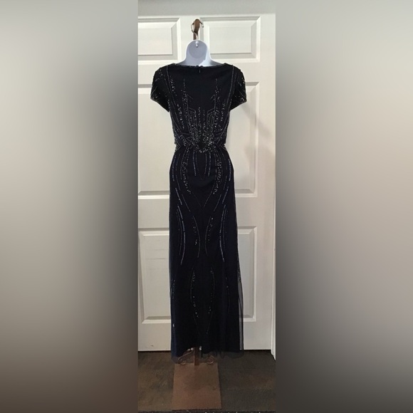 Adrianna Papell Midnight Blue Maxi Dress with Metallic Details